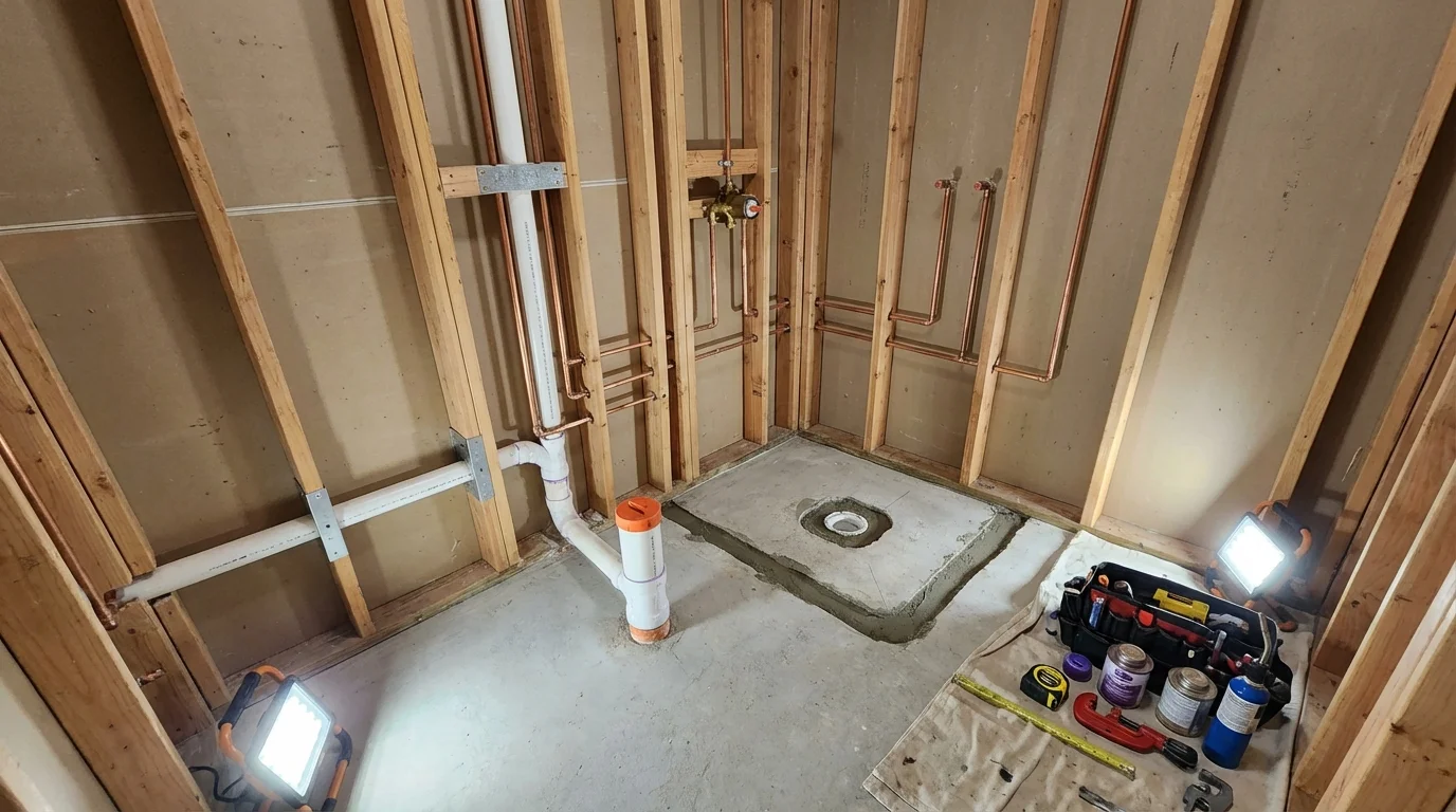 Bathroom rough-in plumbing during remodel by Johns Plumbing LLC in Mabscott
