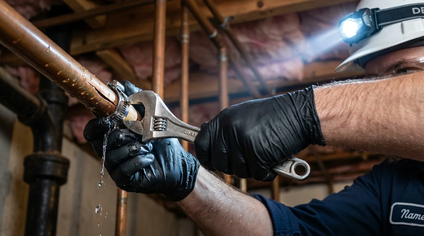 Emergency pipe clamp repair being performed by a Johns Plumbing LLC plumber in Mabscott