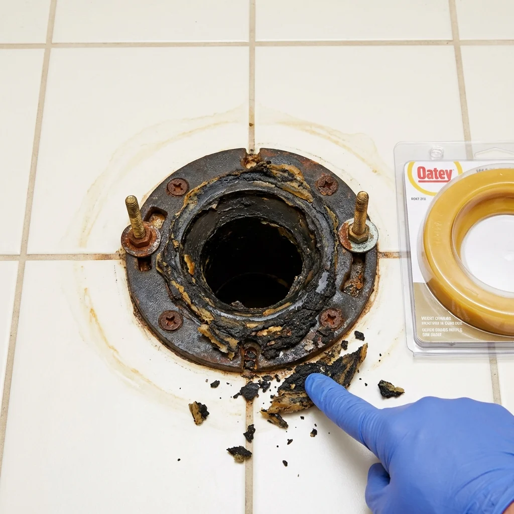 Failed wax ring showing water seepage at the base of a toilet in a Mabscott, WV home