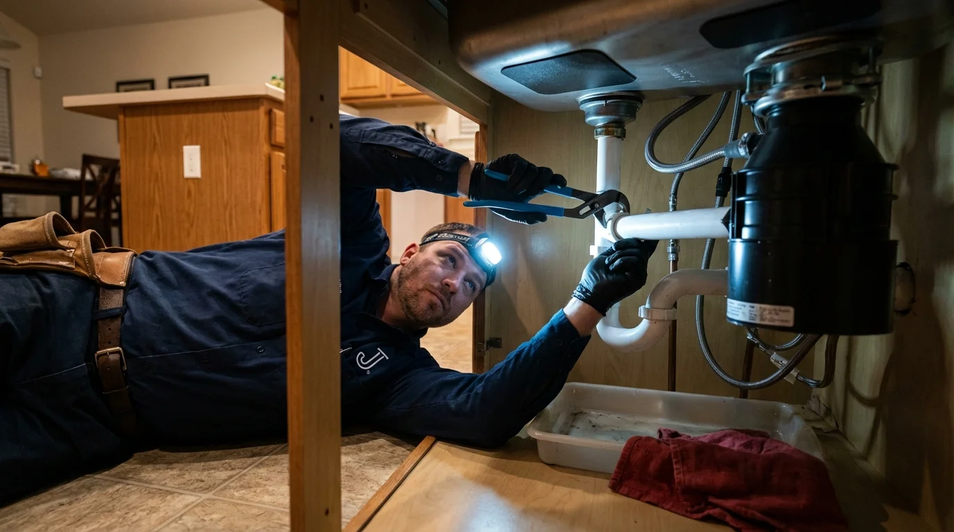 P-trap and supply line connections under a kitchen sink showing a common leak point in Mabscott, WV